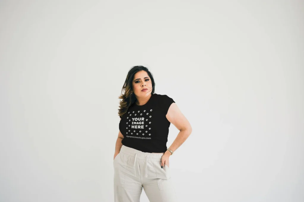 Woman Wearing Black T-shirt Mockup Front View Template