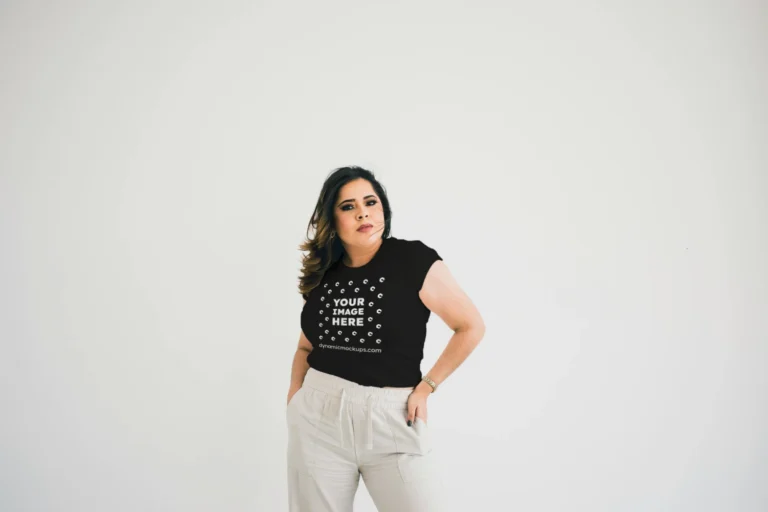 Woman Wearing Black T-shirt Mockup Front View Template
