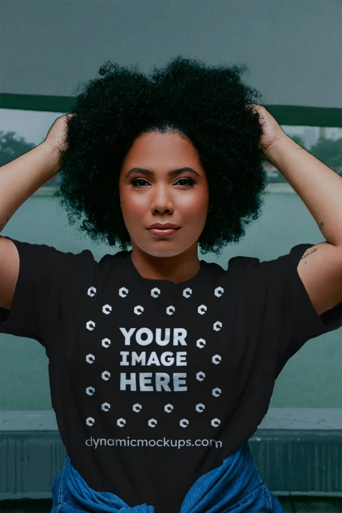 Woman Wearing Black T-shirt Mockup Front View Template