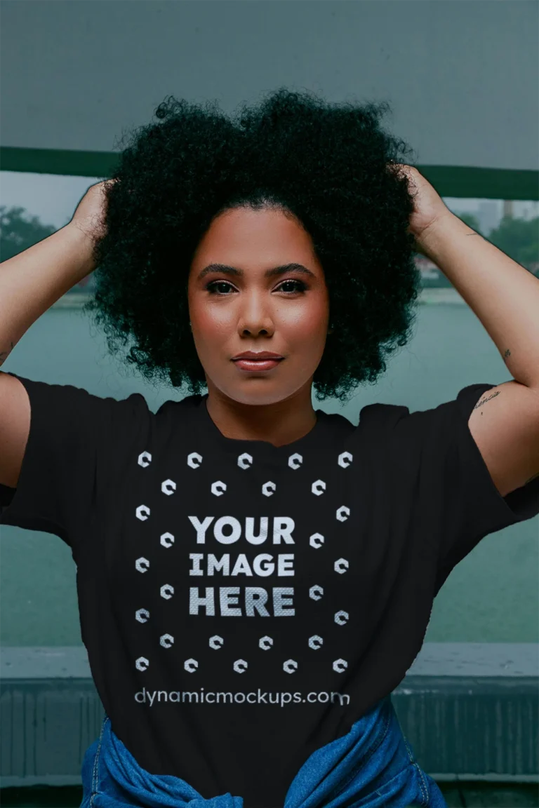 Woman Wearing Black T-shirt Mockup Front View Template