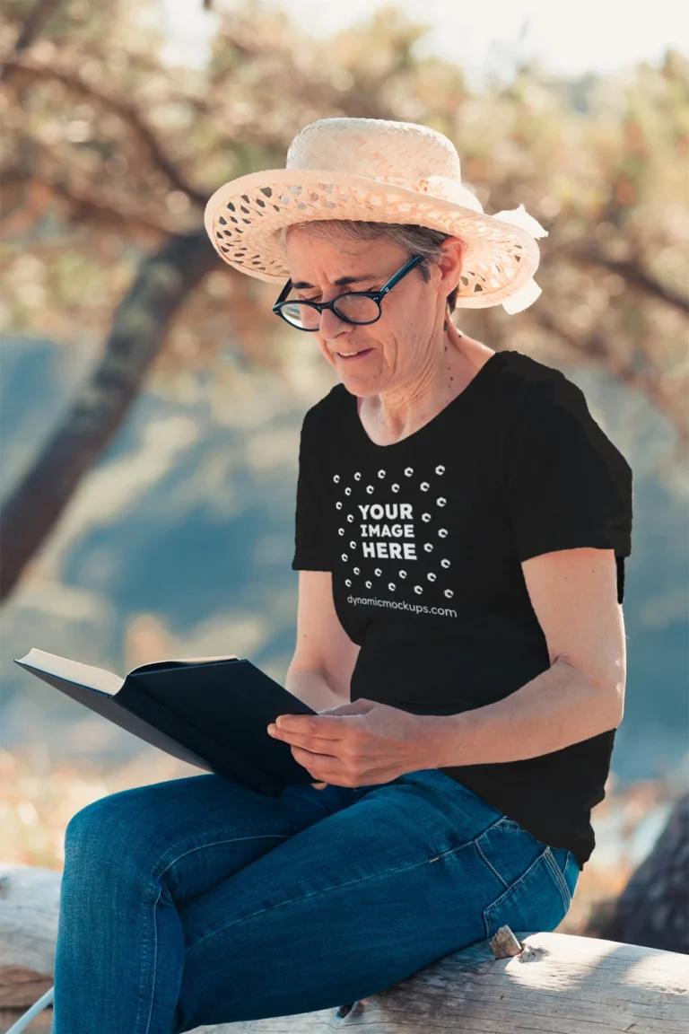Woman Wearing Black T-shirt Mockup Front View Template