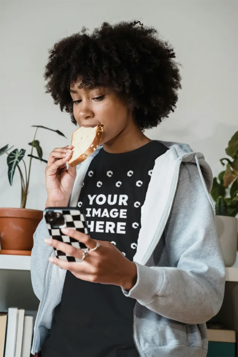 Woman Wearing Black T-shirt Mockup Front View Template