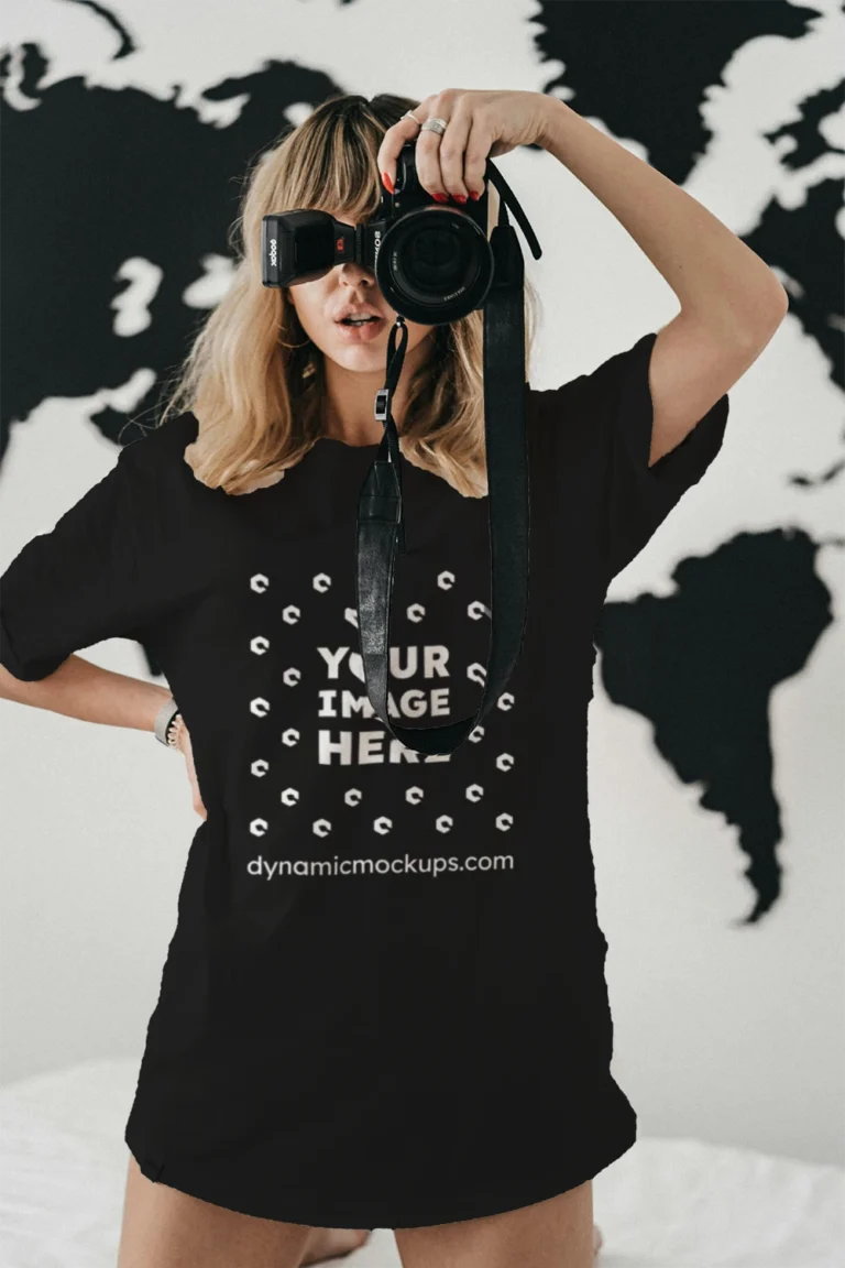 Woman Wearing Black T-shirt Mockup Front View Template
