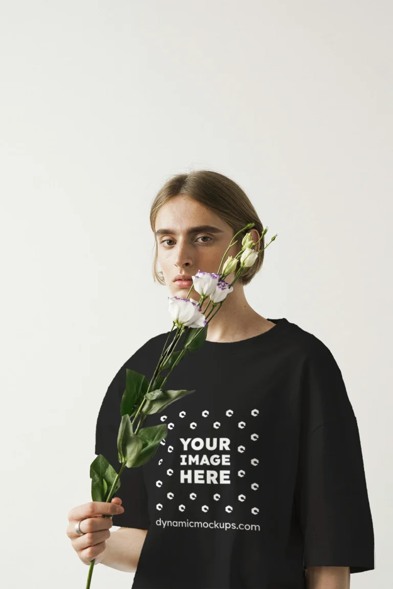 Woman Wearing Black T-shirt Mockup Front View Template
