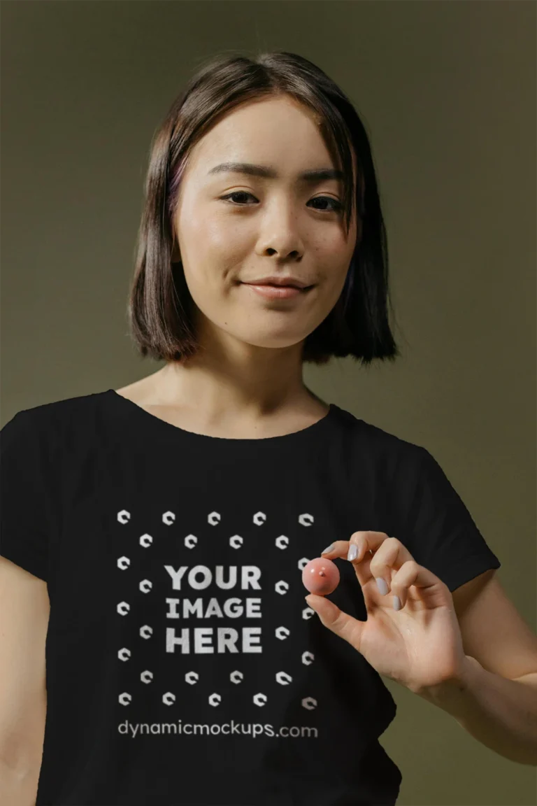 Woman Wearing Black T-shirt Mockup Front View Template