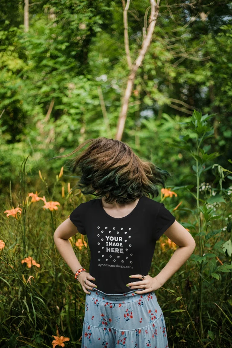 Woman Wearing Black T-shirt Mockup Front View Template