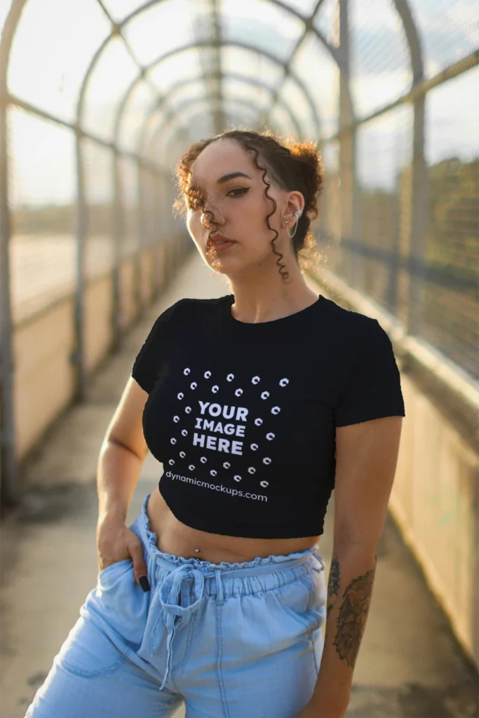 Woman Wearing Black T-shirt Mockup Front View Template