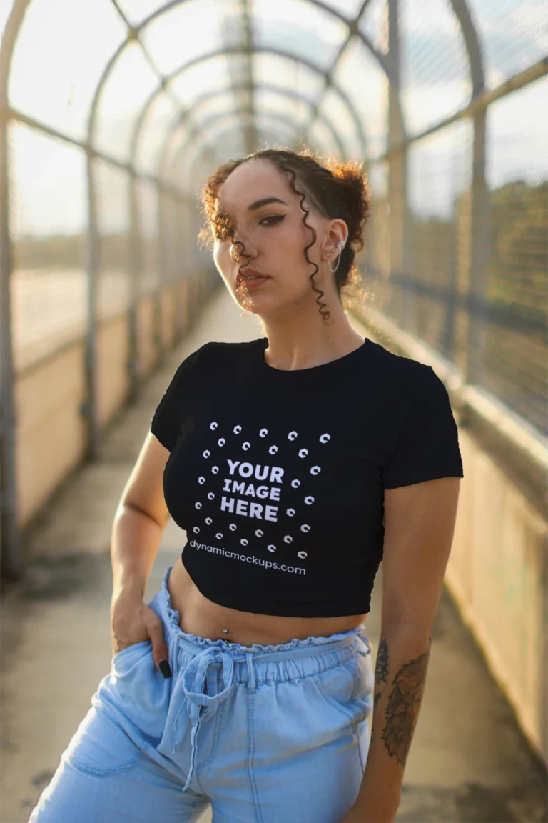 Woman Wearing Black T-shirt Mockup Front View Template