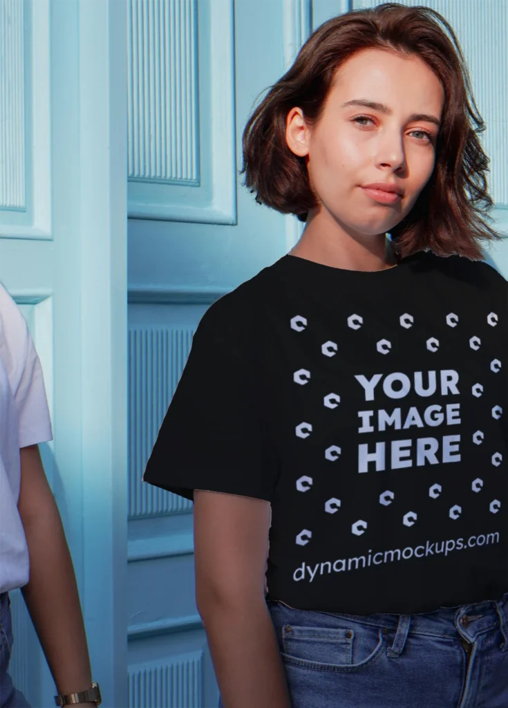 Woman Wearing Black T-shirt Mockup Front View Template
