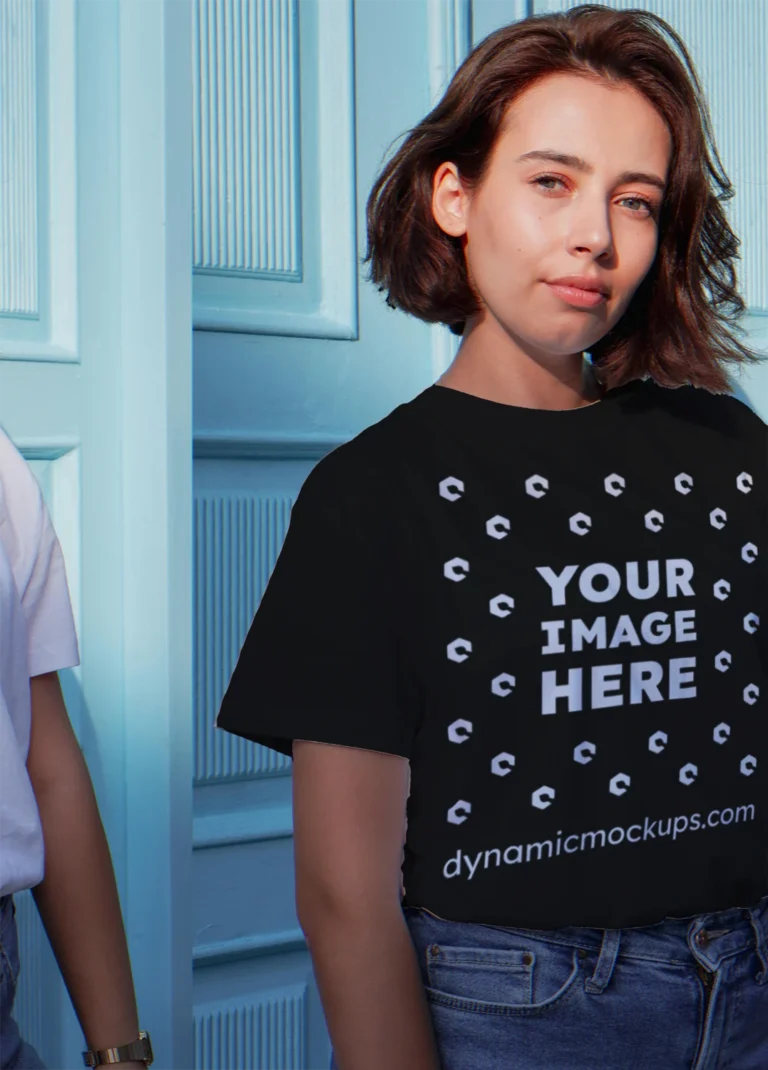 Woman Wearing Black T-shirt Mockup Front View Template