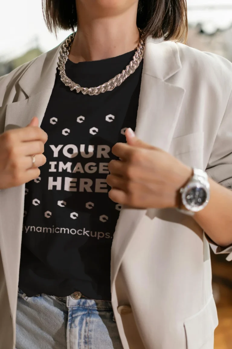 Woman Wearing Black T-shirt Mockup Front View Template