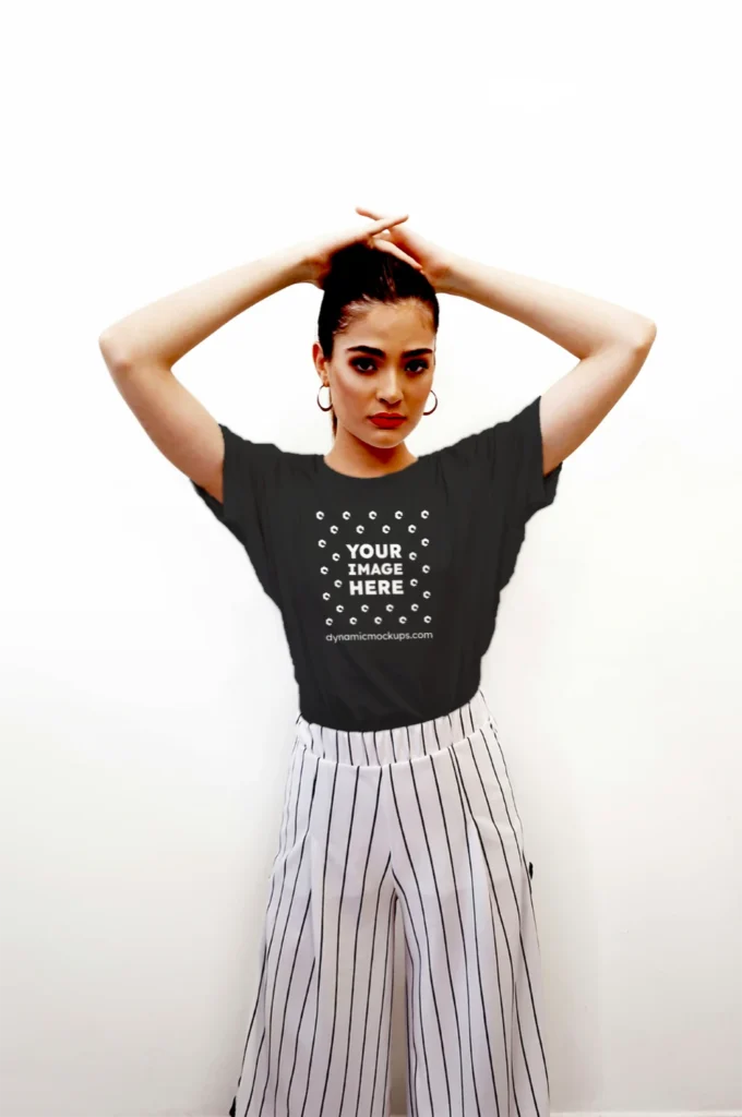 Woman Wearing Black T-shirt Mockup Front View Template
