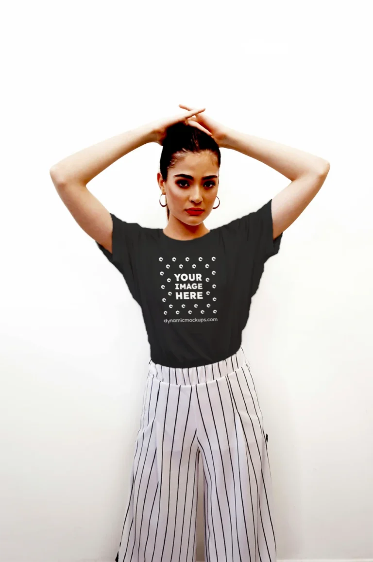 Woman Wearing Black T-shirt Mockup Front View Template