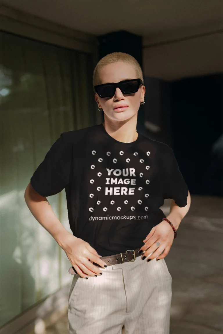 Woman Wearing Black T-shirt Mockup Front View Template