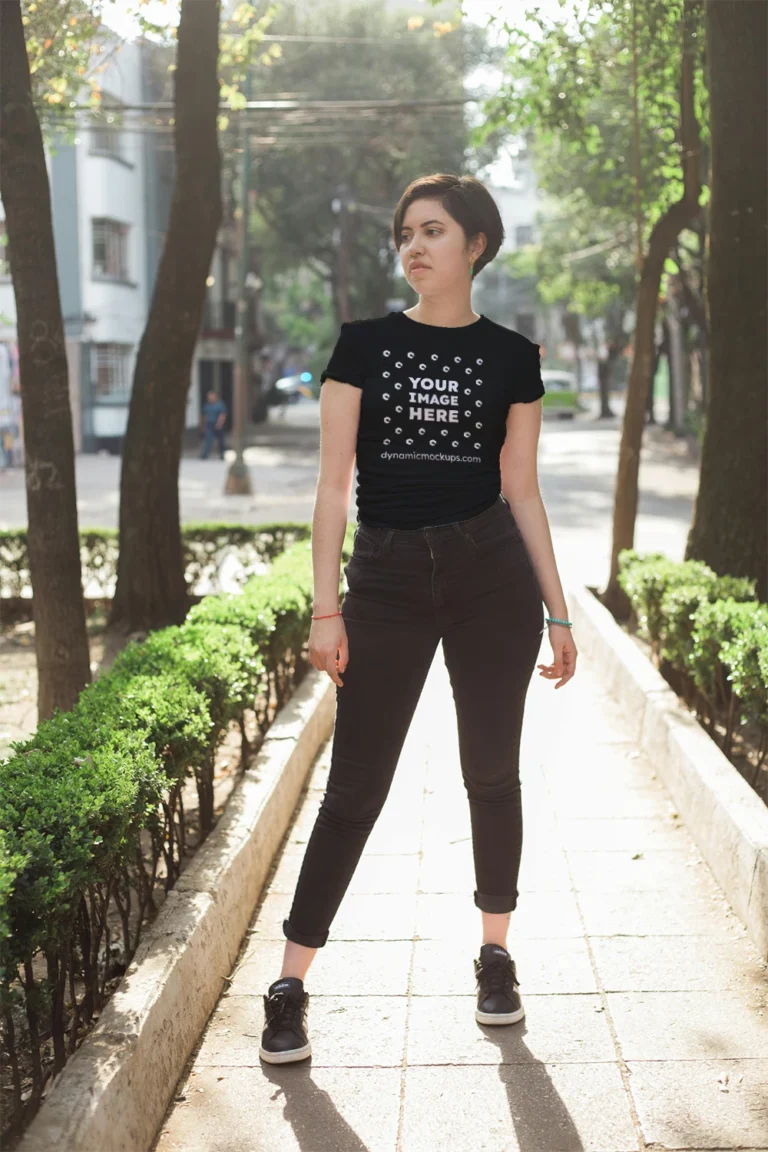Woman Wearing Black T-shirt Mockup Front View Template