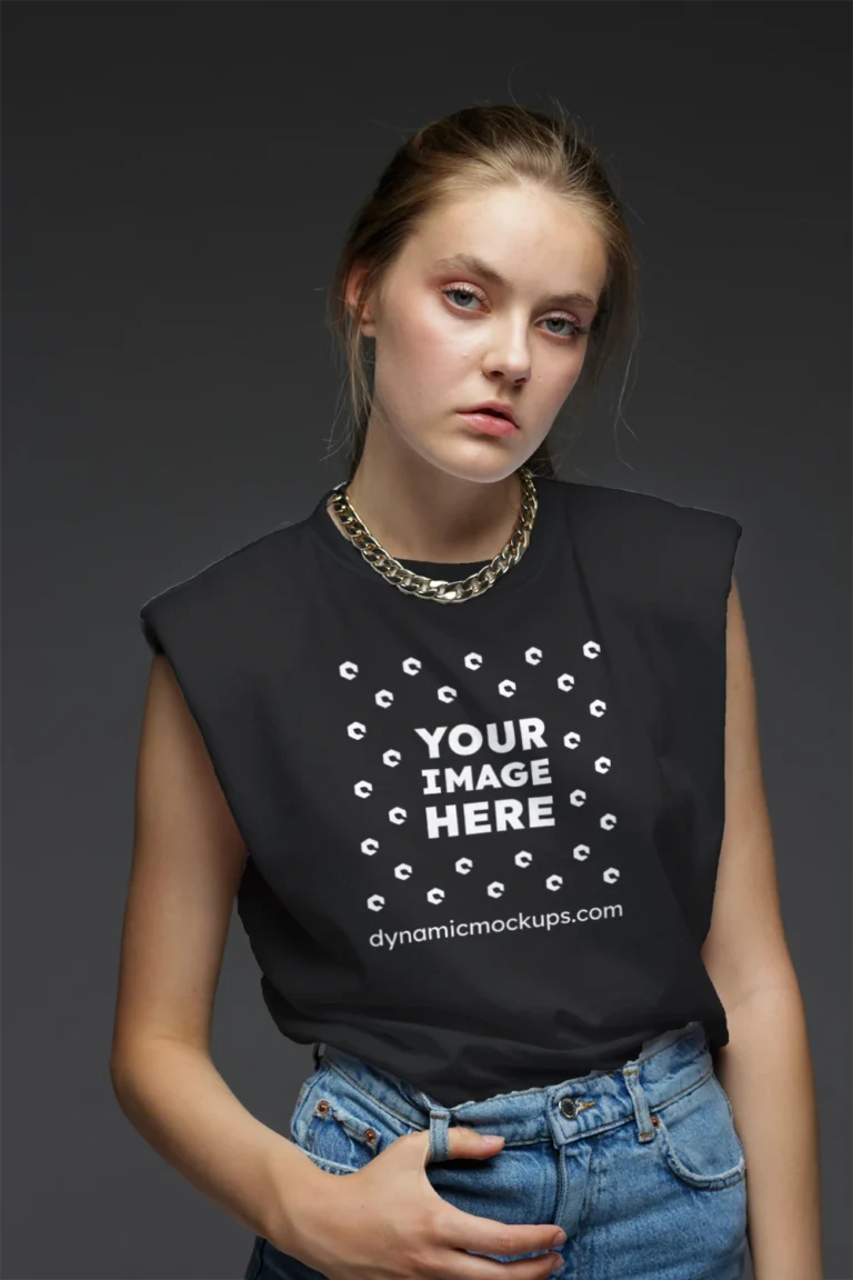 Woman Wearing Black T-shirt Mockup Front View Template