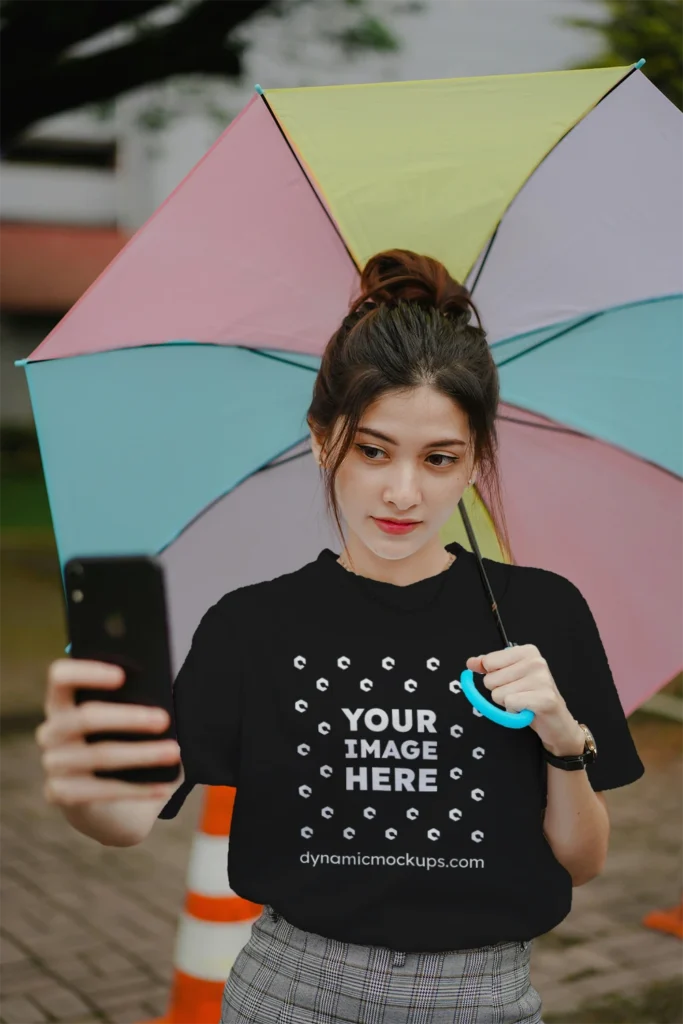 Woman Wearing Black T-shirt Mockup Front View Template