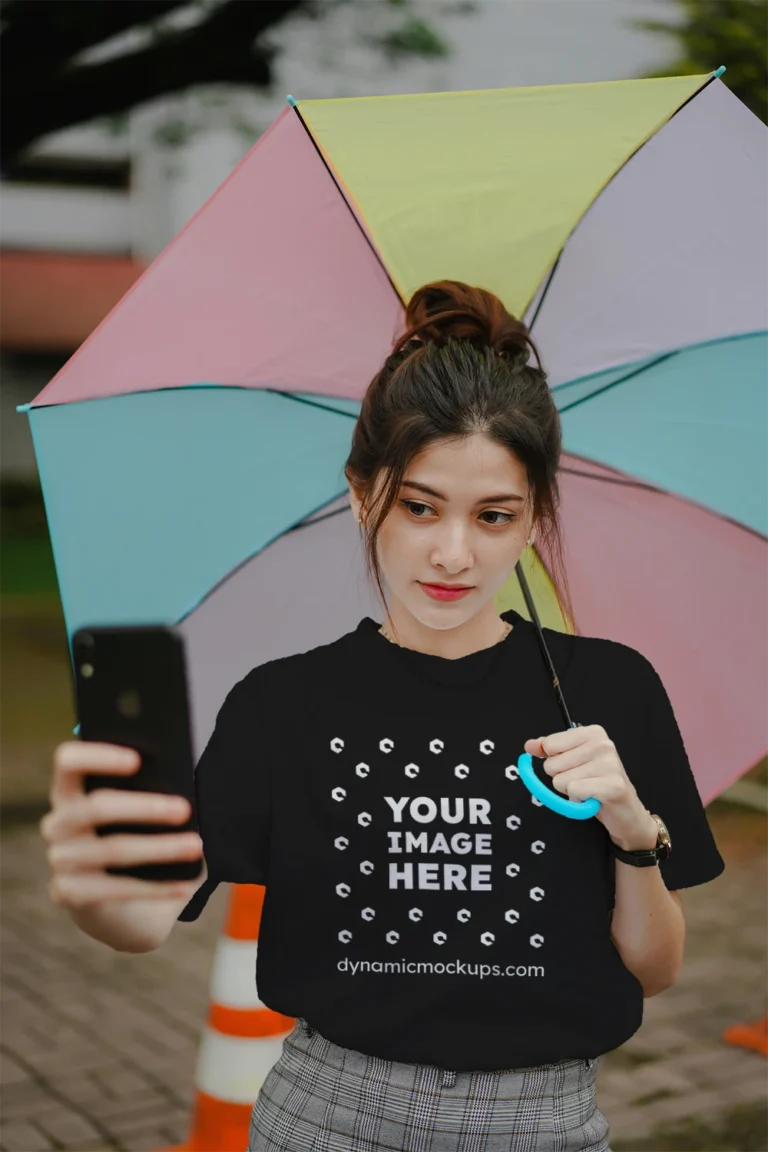Woman Wearing Black T-shirt Mockup Front View Template