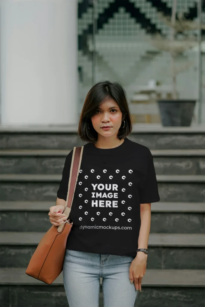 Woman Wearing Black T-shirt Mockup Front View Template