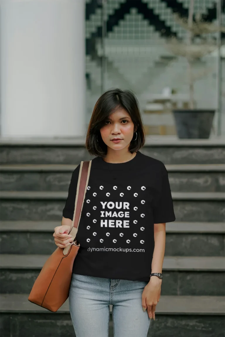 Woman Wearing Black T-shirt Mockup Front View Template