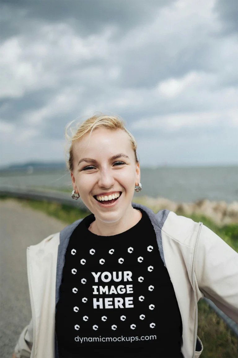 Woman Wearing Black T-shirt Mockup Front View Template