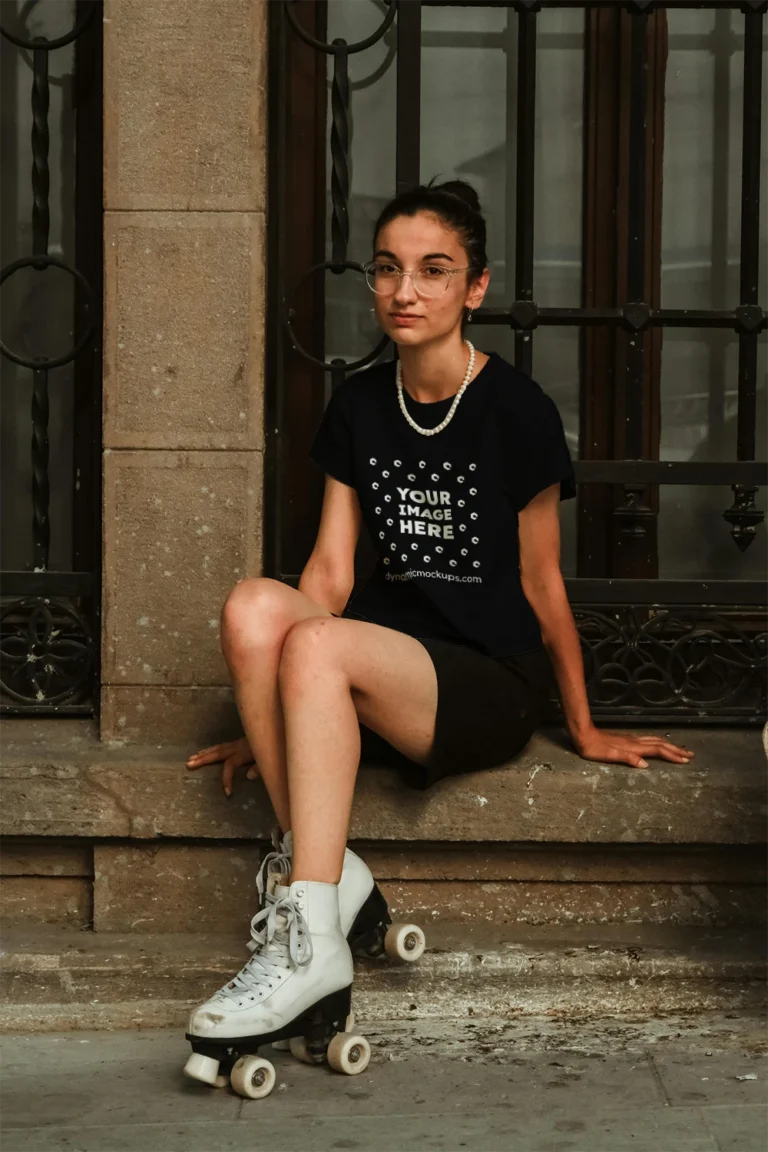 Woman Wearing Black T-shirt Mockup Front View Template