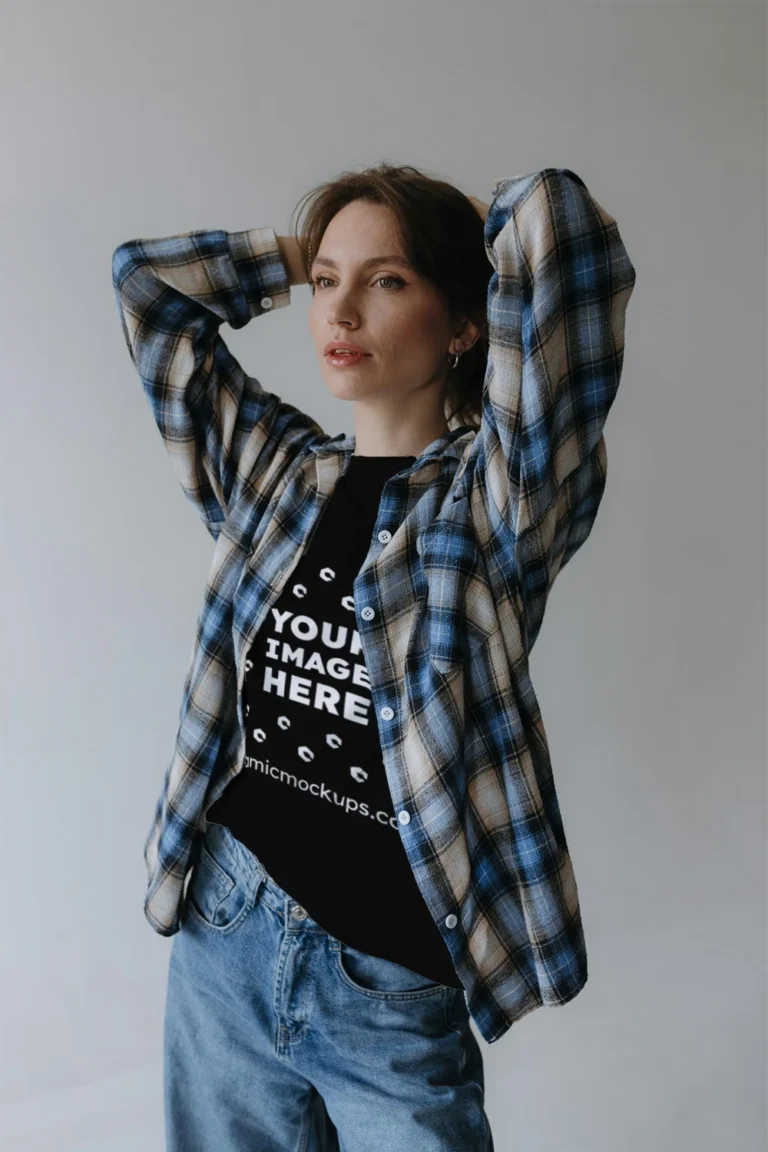 Woman Wearing Black T-shirt Mockup Front View Template