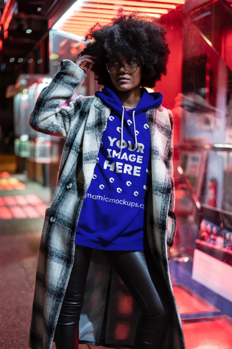 Woman Wearing Blue Hoodie Mockup Front View Template