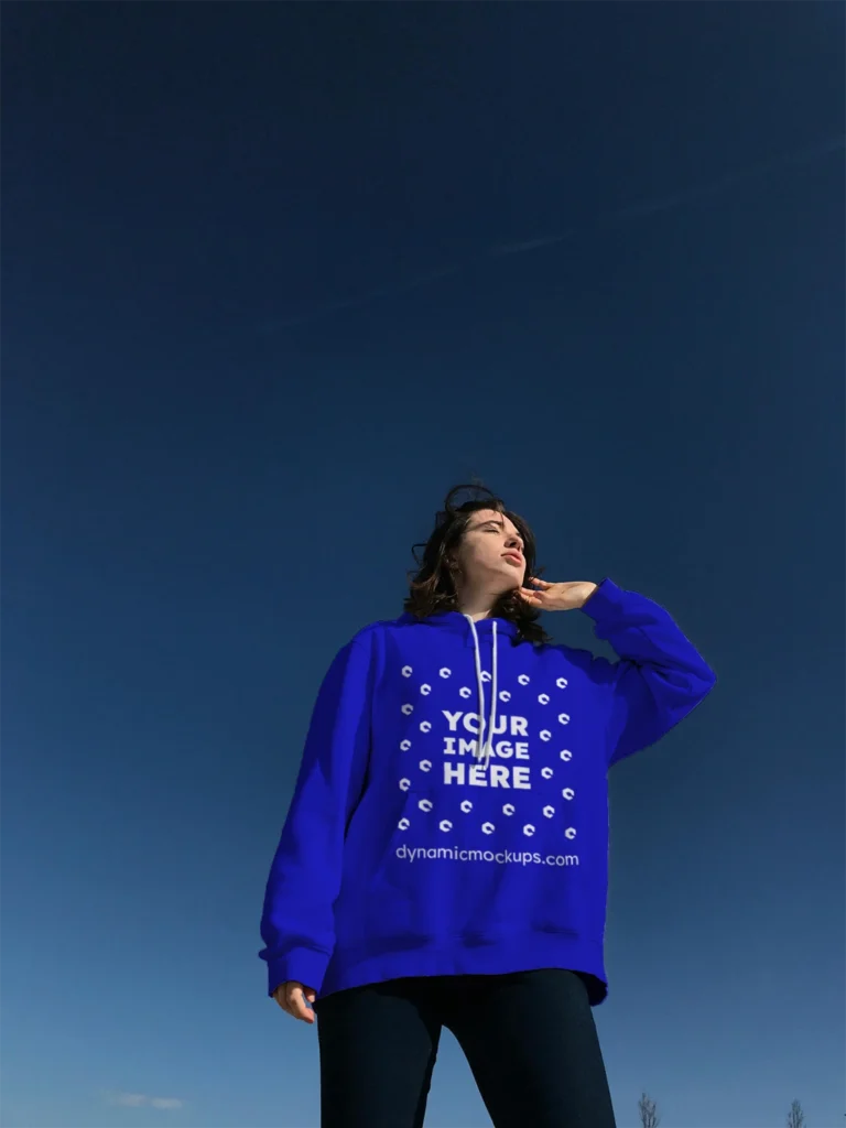 Woman Wearing Blue Hoodie Mockup Front View Template