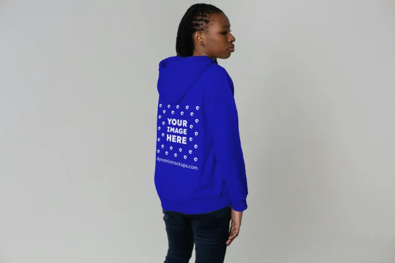 Woman Wearing Blue Hoodie Mockup Back View Template