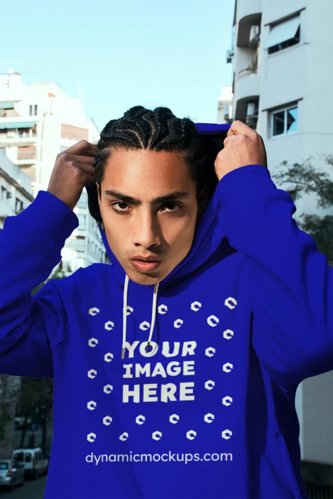 Woman Wearing Blue Hoodie Mockup Front View Template