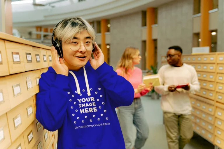 Woman Wearing Blue Hoodie Mockup Front View Template