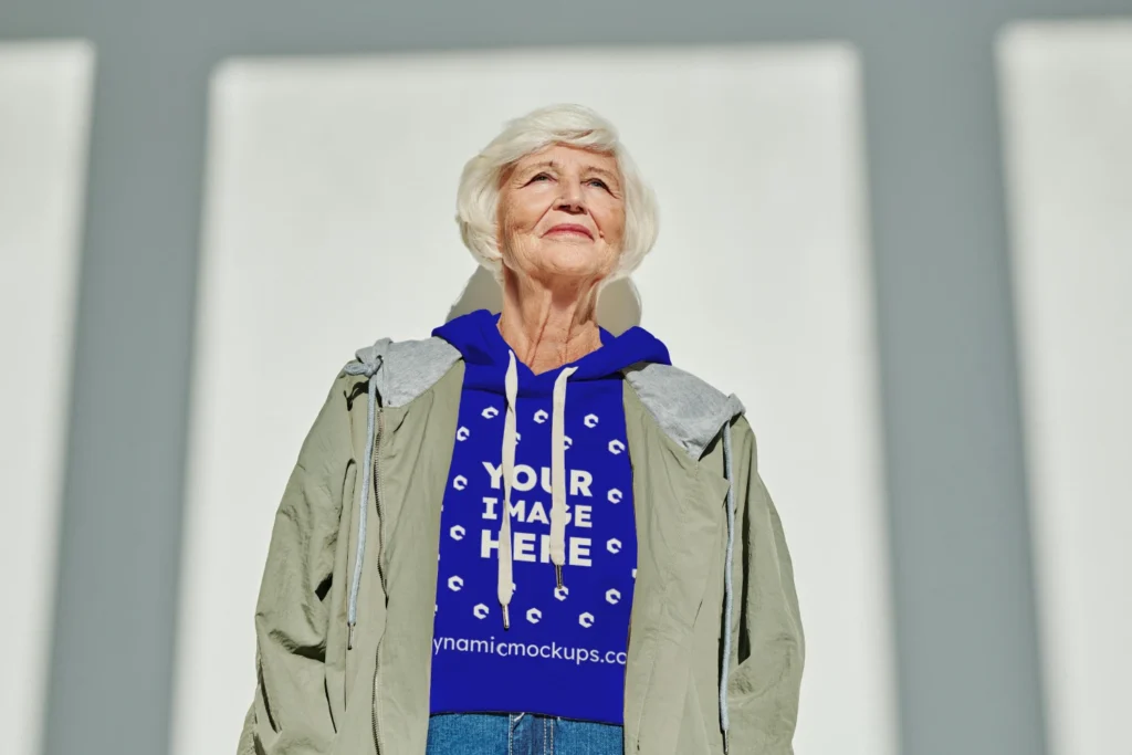 Woman Wearing Blue Hoodie Mockup Front View Template