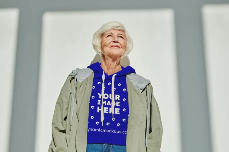 Woman Wearing Blue Hoodie Mockup Front View Template