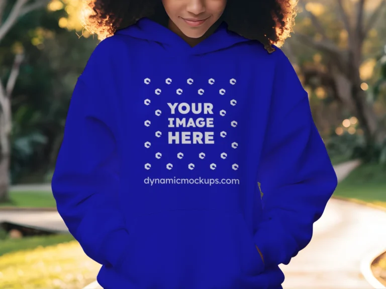 Woman Wearing Blue Hoodie Mockup Front View Template