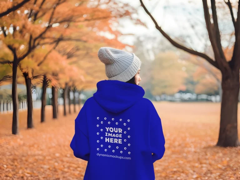 Woman Wearing Blue Hoodie Mockup Back View Template