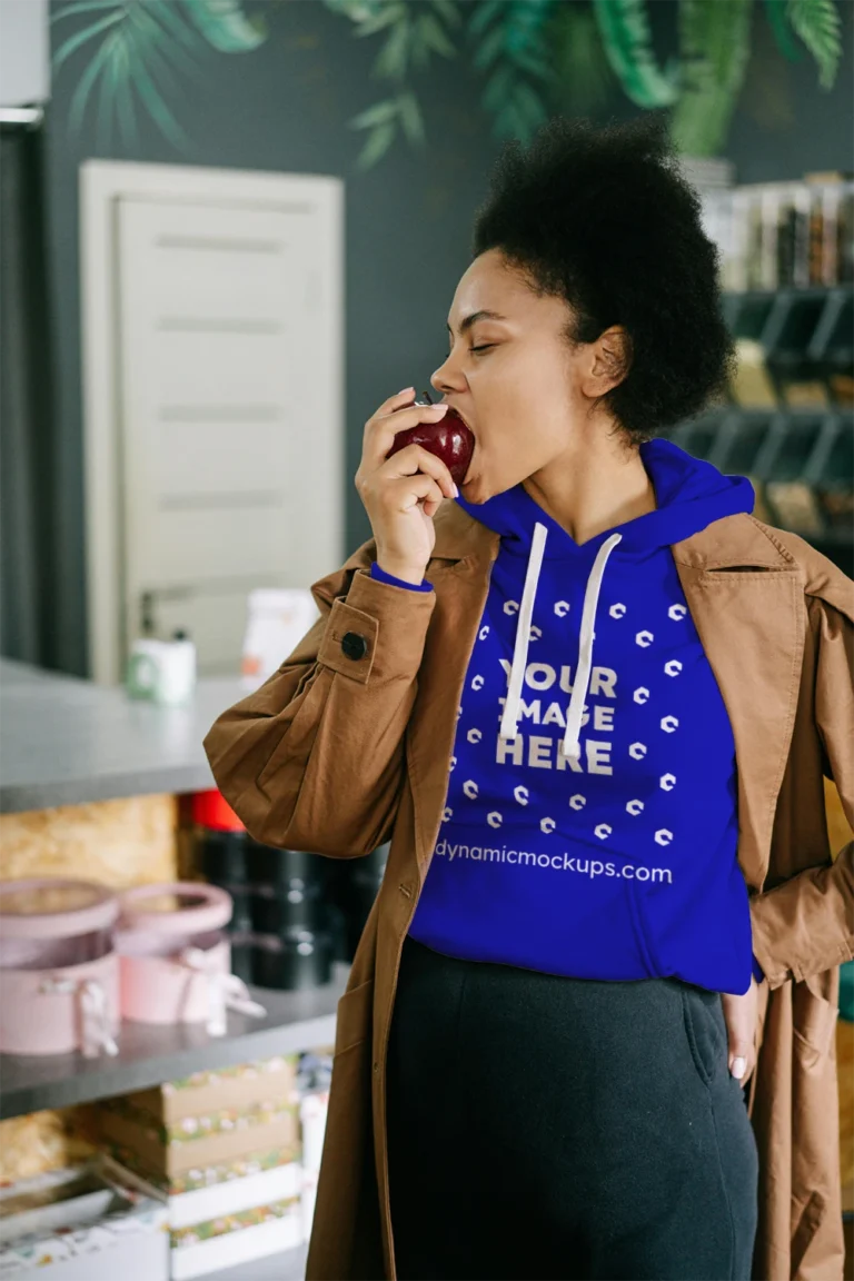 Woman Wearing Blue Hoodie Mockup Front View Template