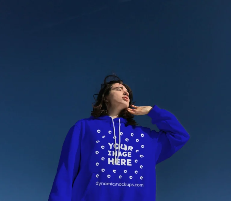 Woman Wearing Blue Hoodie Mockup Front View Template