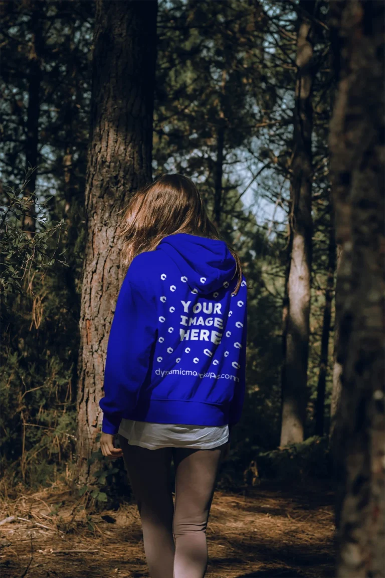 Woman Wearing Blue Hoodie Mockup Back View Template