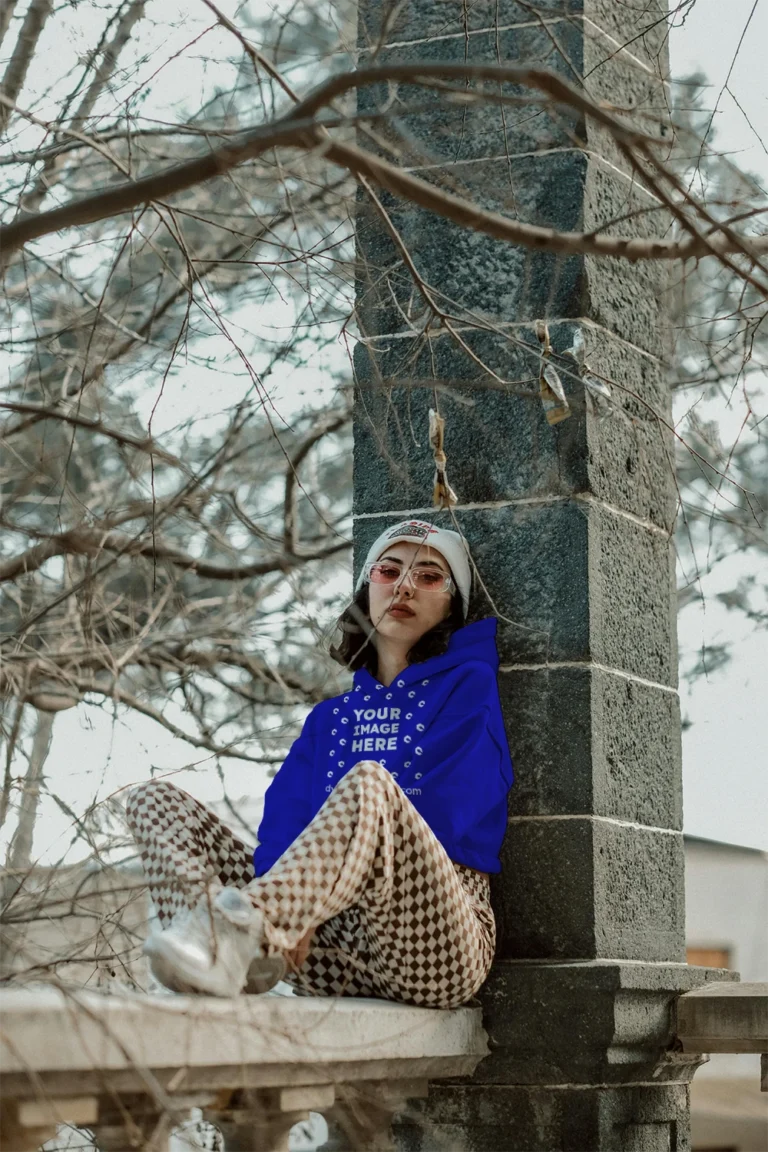Woman Wearing Blue Hoodie Mockup Front View Template