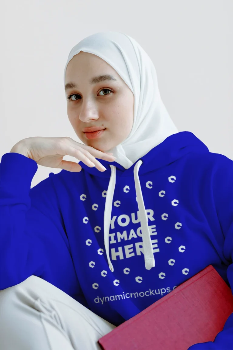 Woman Wearing Blue Hoodie Mockup Front View Template