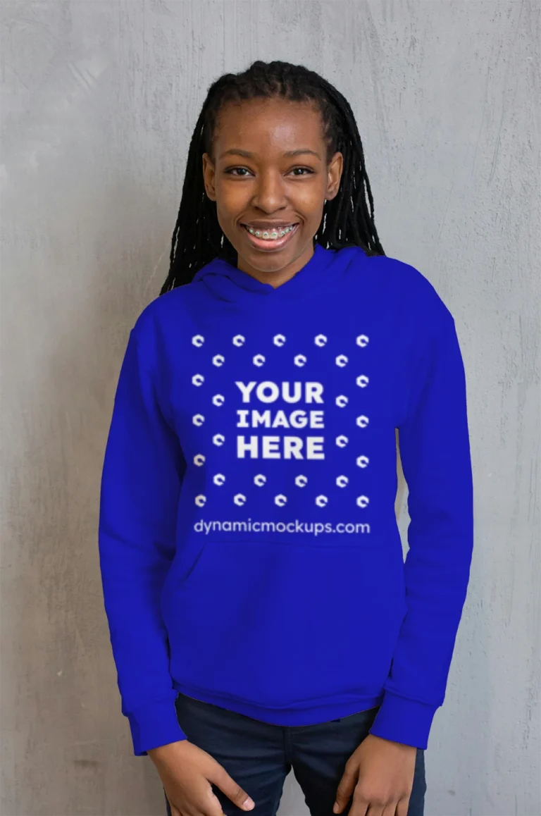 Woman Wearing Blue Hoodie Mockup Front View Template