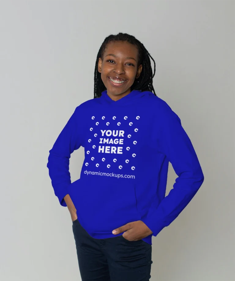 Woman Wearing Blue Hoodie Mockup Front View Template