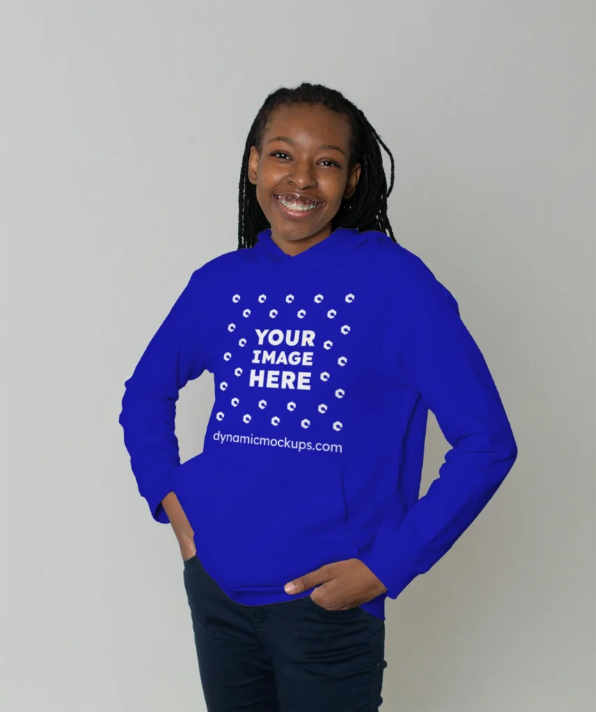 Woman Wearing Blue Hoodie Mockup Front View Template