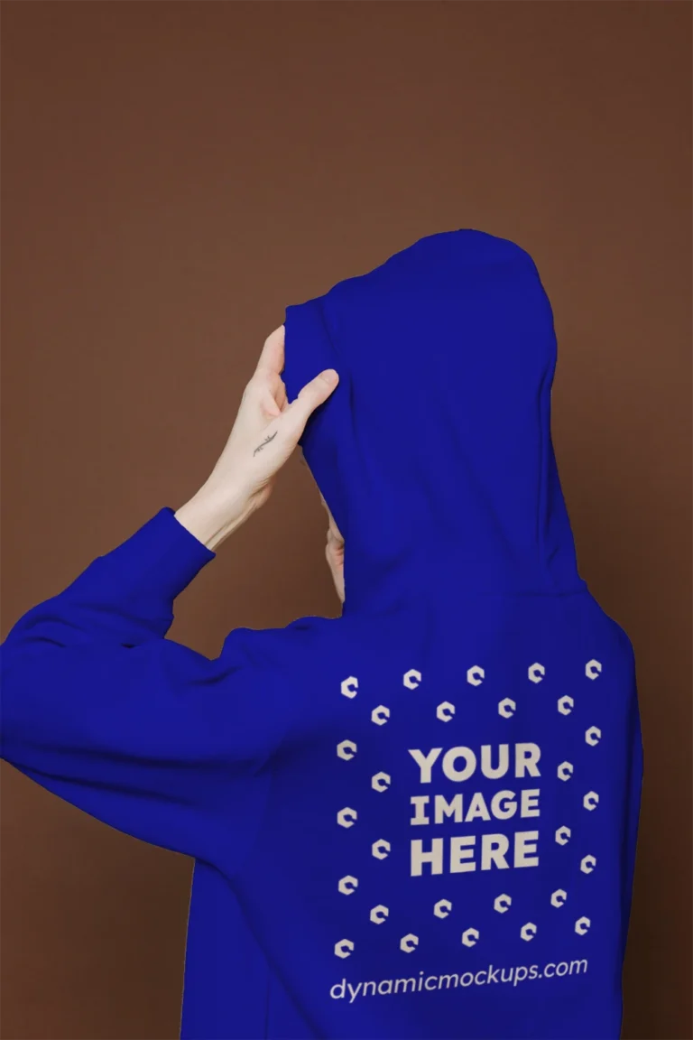 Woman Wearing Blue Hoodie Mockup Back View Template
