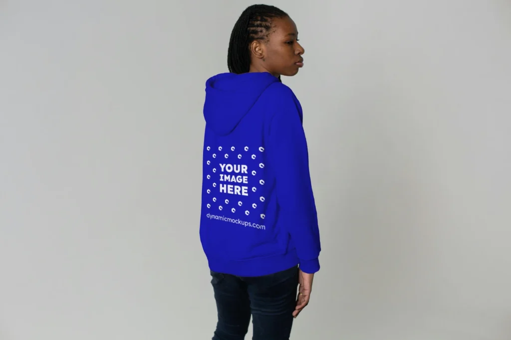 Woman Wearing Blue Hoodie Mockup Back View Template