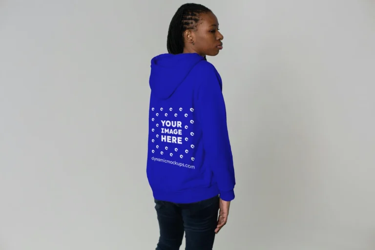 Woman Wearing Blue Hoodie Mockup Back View Template