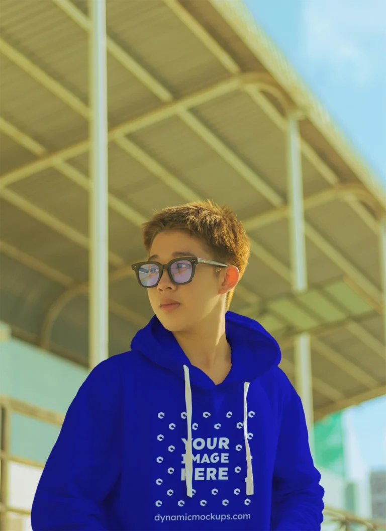 Woman Wearing Blue Hoodie Mockup Front View Template