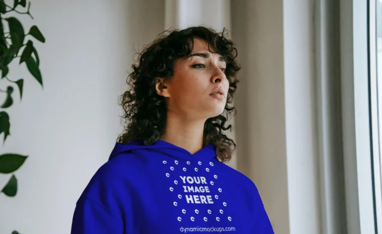 Woman Wearing Blue Hoodie Mockup Front View Template