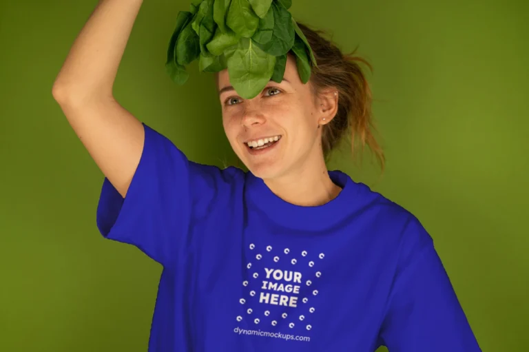 Woman Wearing Blue T-shirt Mockup Front View Template